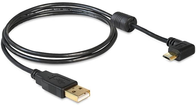 Ein schwarzes USB-Kabel mit einem USB-A-Stecker und einem Micro-USB-Stecker, geeignet zum Verbinden von Geräten für Datenübertragung oder Laden.