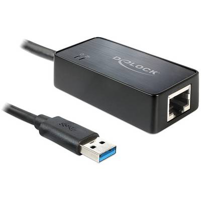 Ein schwarzer Adapter mit USB-3.0-Stecker auf der linken Seite und Ethernet-Anschluss auf der rechten Seite, mit der Marke 'Delock'.