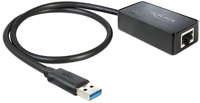 USB-3.0-zu-Gigabit-Ethernet-Adapter, schwarz, mit USB-Anschluss auf der einen und RJ45-Netzwerkanschluss auf der anderen Seite.