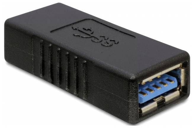 USB 3.0 Adapter mit schwarzem Gehäuse und blauem Innenleben, zum Verbinden von USB-Geräten mit unterschiedlichen Steckertypen.