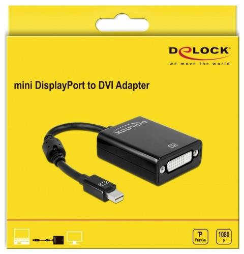 Adapter für Mini DisplayPort zu DVI. Kompatibel mit Full HD 1080p, passiv, Abbildung des schwarzen Adapters auf gelber Verpackung.
