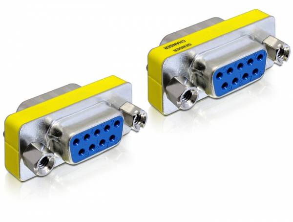 Zwei gelb-blaue RS-232-Adapter mit neun Steckplätzen, geeignet zur seriellen Datenübertragung oder Verbindung von Geräten.