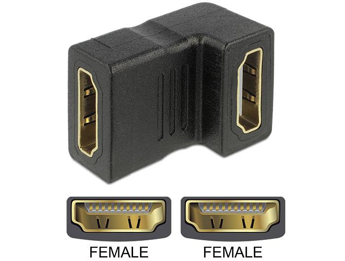 Ein schwarzer HDMI-Winkeladapter mit zwei weiblichen Anschlüssen, der für die Verbindung von HDMI-Kabeln in engen Räumen dient.