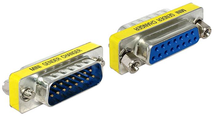 Zwei Mini-Gender-Changer-Adapter, einer mit Stecker- und einer mit Buchsenanschluss, zur Verbindung von VGA-Kabeln.