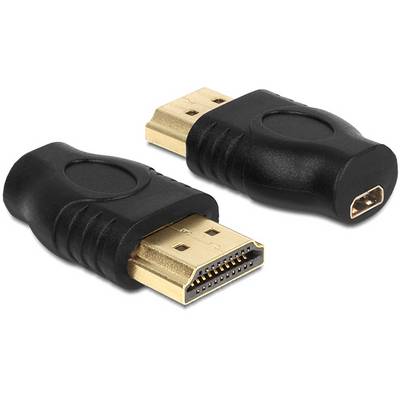 Zwei HDMI-Adapter, schwarz und goldfarben, in unterschiedlichen Positionen. Der eine zeigt die männliche, der andere die weibliche Anschlussseite.
