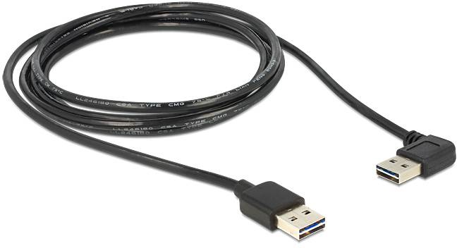 Schwarzes USB-Kabel mit zwei USB-A-Steckern, ideal zum Anschließen von Geräten wie Druckern oder Festplatten an Computer.