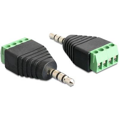 Zwei Audioadapter mit 3,5-mm-Klinkensteckern und grünen Schraubklemmen, ermöglichen den Anschluss von Kabeln an Audiogeräte.