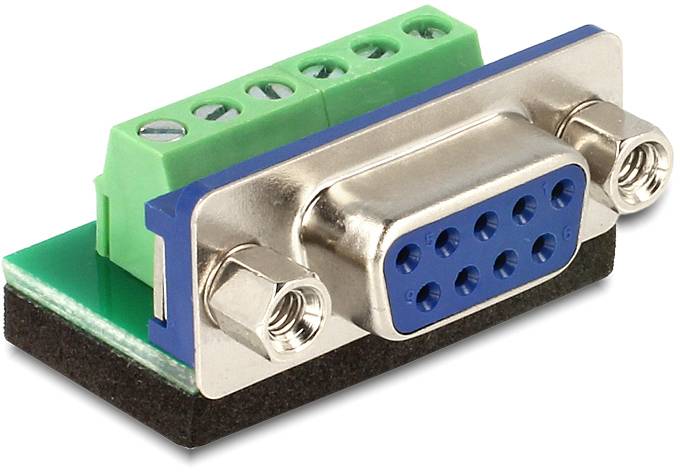 Ein D-Sub-Steckverbinder mit grünen Schraubklemmen, geeignet zum Anschließen von Drähten ohne Löten.