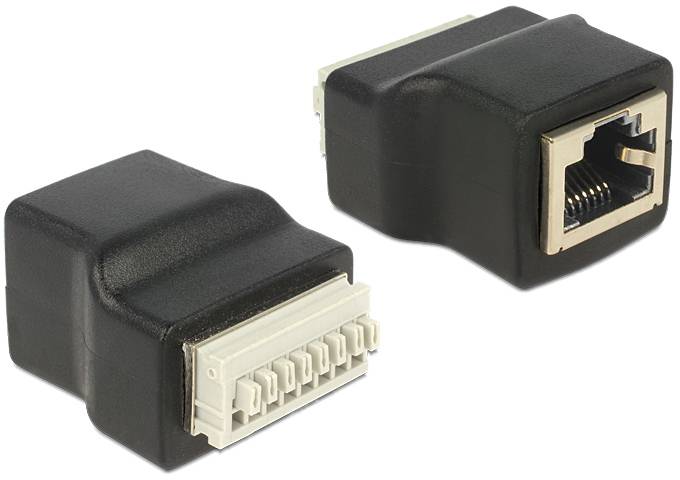 Zwei RJ45-Adapterstecker nebeneinander. Links ein Stecker von oben, rechts von der Seite. Stecker sind schwarz und rechteckig.