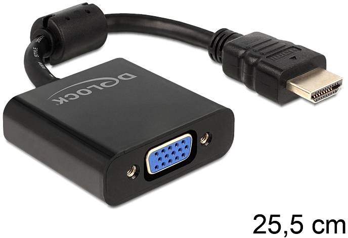 Ein schwarzer Adapter mit VGA-Buchse und HDMI-Stecker, Kabel ist 25,5 cm lang, geeignet für den Anschluss von Geräten mit unterschiedlichen Anschlüssen.