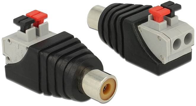 Zwei RCA-Adapter mit schwarzem Gehäuse und roten sowie grauen Clips. Sie sind für die Verbindung von Lautsprecherkabeln konzipiert.