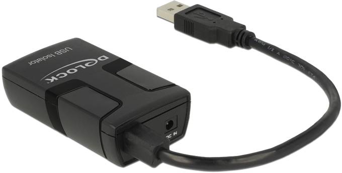 Schwarzer USB-Adapter mit Delock-Logo und angeschlossenem USB-Kabel. Geeignet für den Anschluss von Geräten an einen Computer.