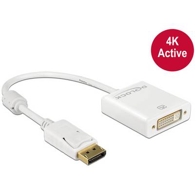 Ein weißer Adapter verbindet einen DisplayPort-Stecker mit einem DVI-D-Buchsenanschluss, geeignet für 4K-Auflösung (aktiv).