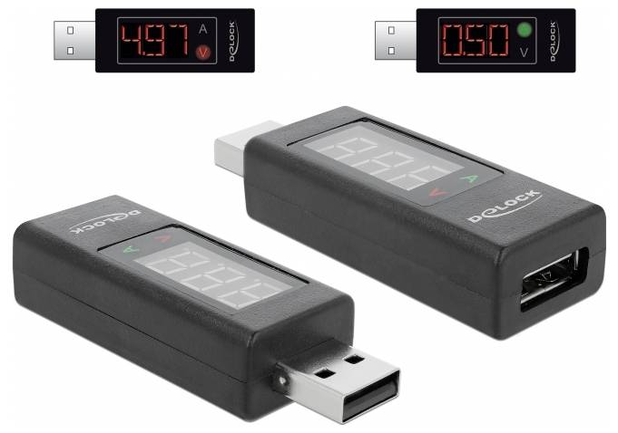 USB-Adapter zur Messung von Spannung und Stromstärke. Anzeige zeigt Beispiele: 4,97 A und 5,0 V.