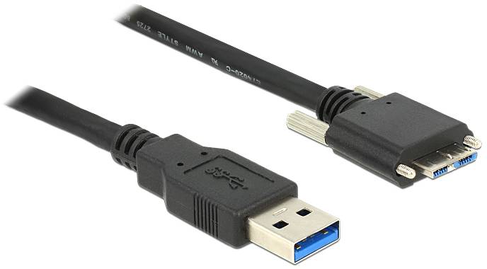 USB 3.0-Kabel mit einem standardmäßigen USB-A-Stecker links und einem Micro-B-Stecker rechts, vor weißem Hintergrund.