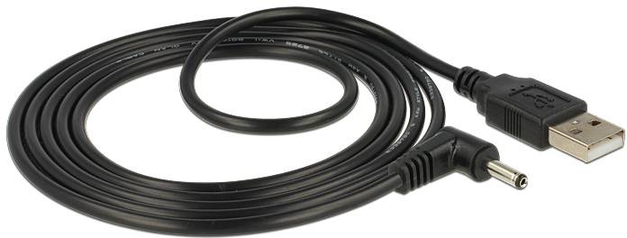 Ein schwarzes USB-Kabel mit rundem Netzkabelstecker und USB-A-Anschluss, verwendet für Stromversorgung oder Datenübertragung.