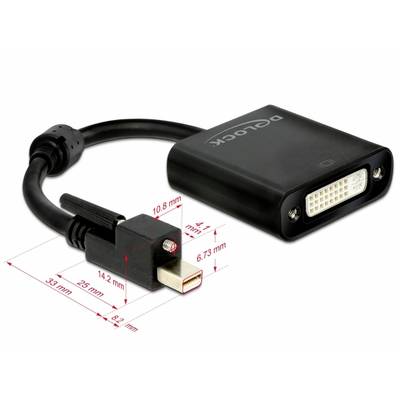Schwarzer Adapter mit DVI-Anschluss auf der rechten Seite und Mini-DisplayPort-Stecker auf der linken Seite, mit Maßangaben.