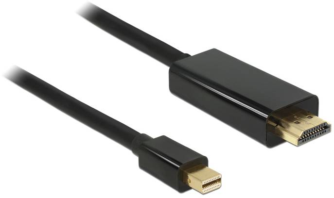 Ein schwarzes Kabel, das links einen Mini DisplayPort-Stecker und rechts einen HDMI-Stecker hat. Geeignet für die Verbindung von Geräten.