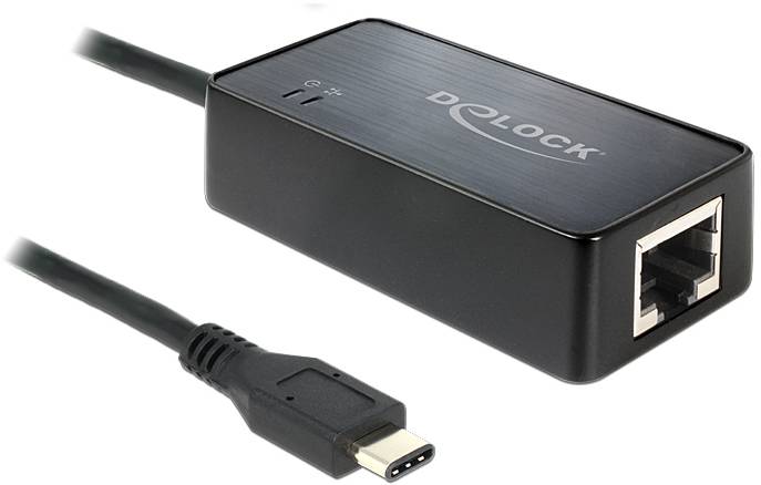 USB-C-auf-LAN-Adapter von Delock. Schwarzes rechteckiges Gehäuse mit USB-C-Stecker und Ethernet-Anschluss. Ideal zum Verbinden von Geräten mit Netzwerk.