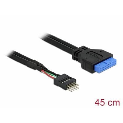 USB-Header-Kabel, 45 cm lang, mit schwarzem Stecker auf blauen 20-Pin-Anschluss und offenem Ende mit farbigen Kabeln für den Anschluss.