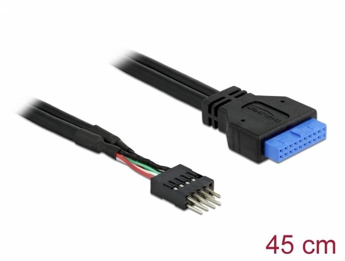 'USB 3.0 Mainboard Adapterkabel, 45 cm Länge. Schwarz mit blauem Anschlussstück. Geeignet für interne Verbindungen.'