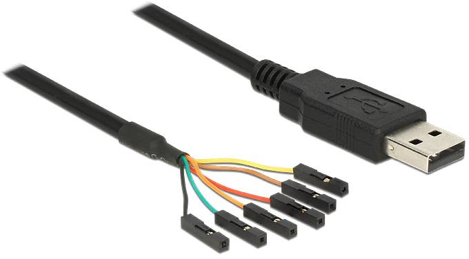 USB-Kabel mit sechs einzelnen farbigen Verbindungen für detaillierte elektronische Anschlüsse und Anpassungen.