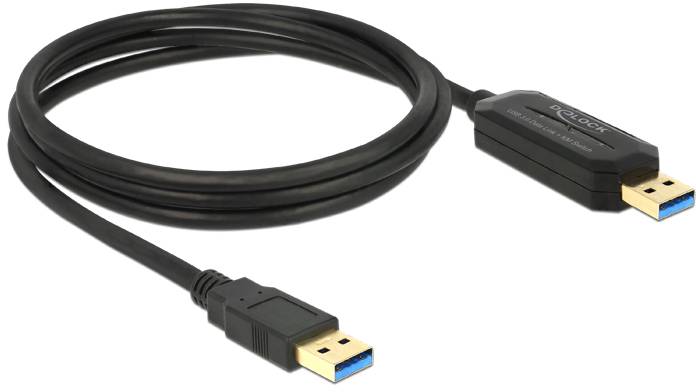 Ein schwarzes USB 3.0-Kabel mit zwei Steckern. Auf einem Stecker ist der Schriftzug 'DELOCK'.