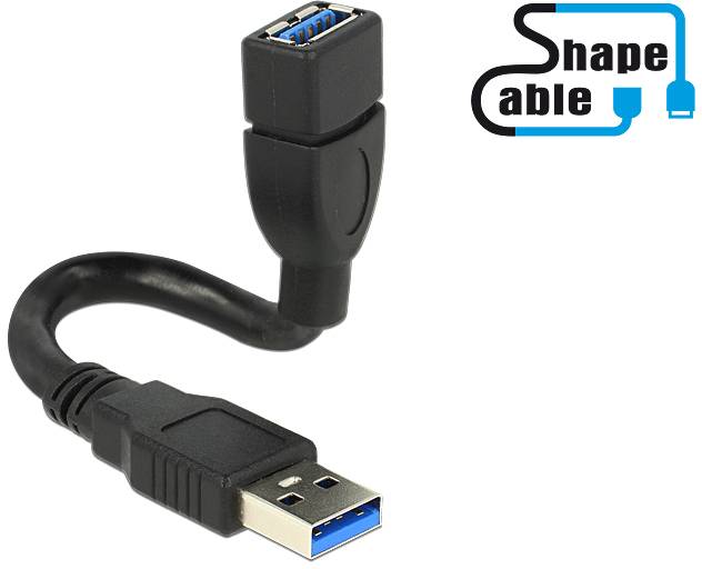 Ein USB-Verlängerungskabel mit einem biegsamen Hals neben dem Logo mit Text 'Shapecable'.