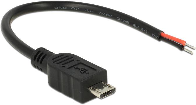 Ein schwarzes USB-Kabel mit offenem Ende und USB-Stecker, geeignet zum Anschluss von Geräten ohne standardisierte Schnittstelle.