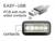 Ein USB-Stecker mit beidseitigen Kontakten. Beschriftung 'EASY-USB', zeigt das Design mit Kontakten auf beiden Seiten der Platine.