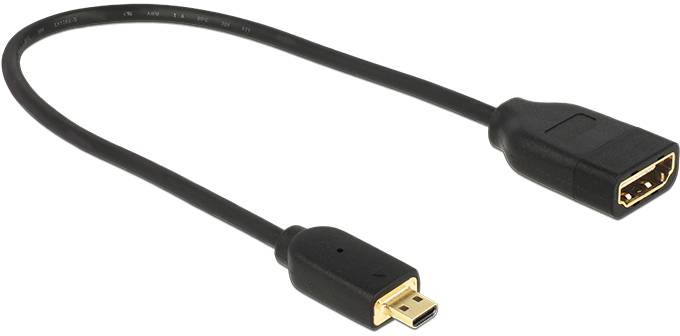 Ein schwarzes Kabeladapter mit einer HDMI-Buchse an einem Ende und einem Micro-HDMI-Stecker am anderen Ende vor weißem Hintergrund.