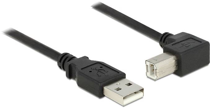 Zwei schwarze USB-Kabel, eines mit USB-A-Stecker und das andere mit USB-B-Stecker, liegen nebeneinander auf weißem Hintergrund.