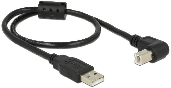 Ein USB-A-zu-USB-B-Kabel mit einem 90-Grad-Winkelstecker am USB-B-Ende, geeignet für Drucker oder Scanner.
