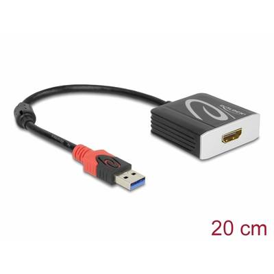 Ein USB-3.0-zu-HDMI-Adapter mit schwarzem Kabel und silber-schwarzem Gehäuse. Länge des Kabels: 20 cm.
