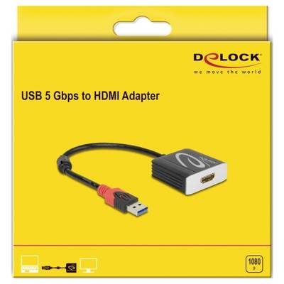 Gelb-orangefarbene Verpackung eines USB 5 Gbps zu HDMI Adapters der Marke Delock. Adapter und Kabel sind abgebildet.