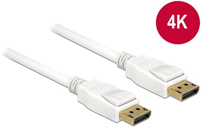 Ein weißes DisplayPort-Kabel unterstützt 4K-Auflösung, sichtbar durch das rote 4K-Symbol auf der rechten Seite.