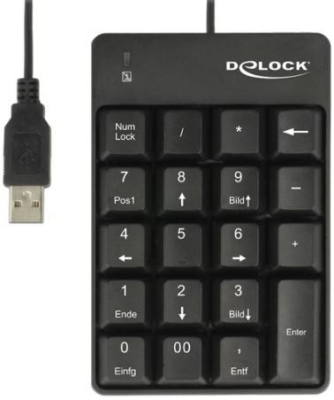 Schwarzes USB-Ziffernblock mit Tasten von 0 bis 9, arithmetischen Symbolen und Funktionstasten, verbunden mit einem Kabel.