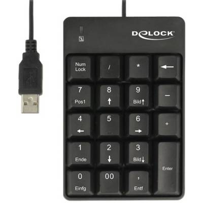Schwarzes USB-Ziffernblock mit Tasten von 0 bis 9, arithmetischen Symbolen und Funktionstasten, verbunden mit einem Kabel.