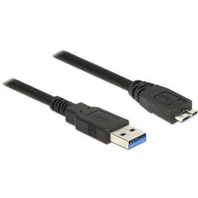 USB-3.0-Kabel mit Standardstecker links und Micro-Stecker rechts, schwarz, zur Datenübertragung und Aufladung von Geräten.