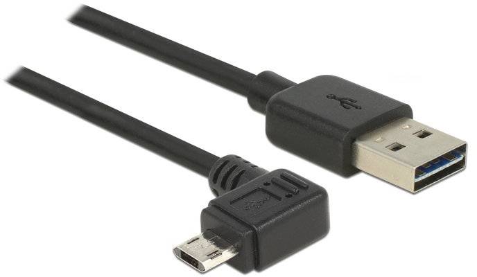 Ein USB-Kabel mit einem USB-A-Stecker und einem Micro-USB-Stecker. Das Kabel ist schwarz und kann zur Datenübertragung verwendet werden.