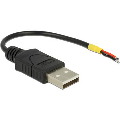Ein schwarzes USB-Kabel mit einem offenen Ende, das abisolierte rote und schwarze Drähte zeigt. Geeignet für Reparaturen oder Anpassungen.