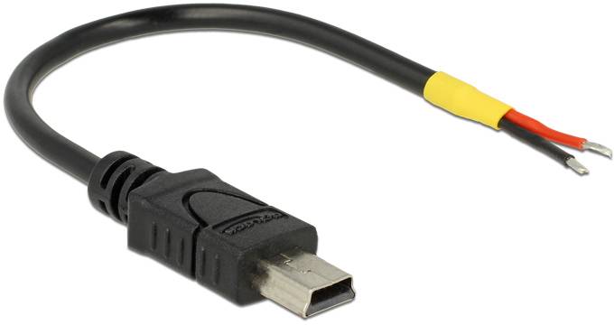 Ein USB-Kabel mit einem Mini-USB-Stecker auf der einen Seite und offenen Drähten auf der anderen Seite, geeignet für DIY-Elektronikprojekte.