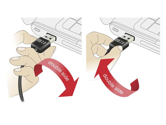 USB-Kabel mit der Aufschrift 'USB 2.0' wird beidseitig verwendet. Rote Pfeile zeigen doppelseitige Anschlussmöglichkeit.