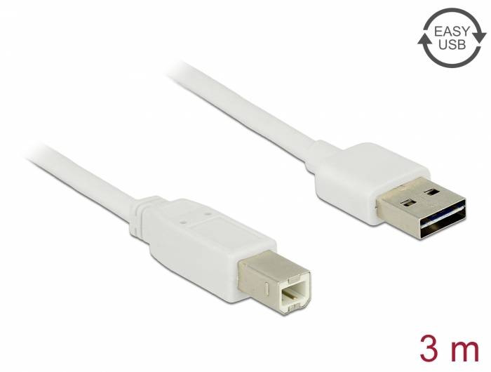 USB-Kabel mit zwei Steckern: USB-A und USB-B. Weiß, 3 Meter lang. Oben rechts das Symbol 'EASY USB'.