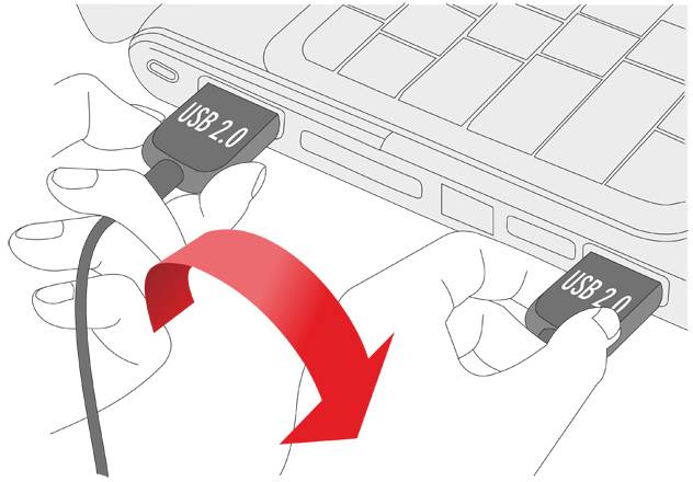'Grafik zeigt eine Person, die einen USB 2.0-Stecker in einen Laptop einsteckt. Roter Pfeil weist auf die korrekte Einsteckrichtung hin.'