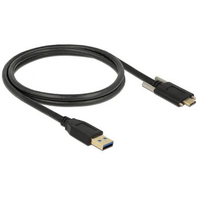 Ein schwarzes USB-Kabel mit einem USB-Typ-A-Stecker auf der einen Seite und einem USB-Typ-C-Stecker auf der anderen Seite.