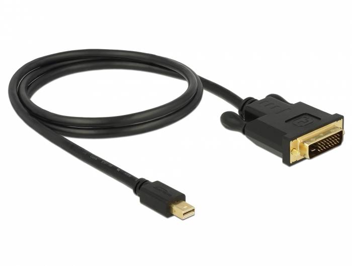 Ein schwarzes Kabel mit einem Mini DisplayPort-Stecker auf der einen und einem DVI-Stecker auf der anderen Seite, vor einem weißen Hintergrund.