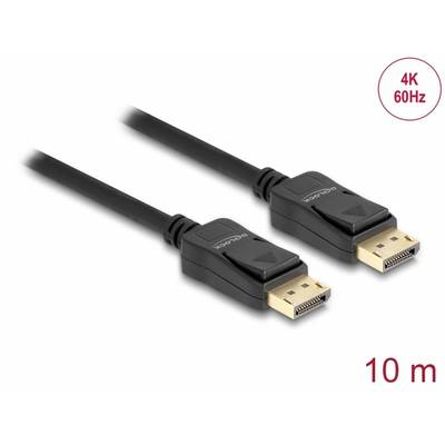 Schwarzes 10-Meter-DisplayPort-Kabel, geeignet für 4K bei 60 Hz. Zwei Stecker mit goldenen Kontakten, nebeneinander liegend.