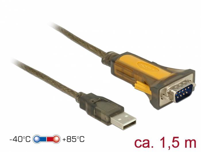 USB-zu-RS232-Adapterkabel mit einer Länge von ca. 1,5 m, geeignet für Temperaturen von -40°C bis +85°C.