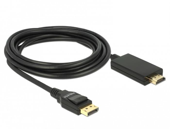 Ein schwarzes DisplayPort-zu-HDMI-Kabel, das ein Gerät mit einem Monitor verbindet, um Video- und Audiosignale zu übertragen.